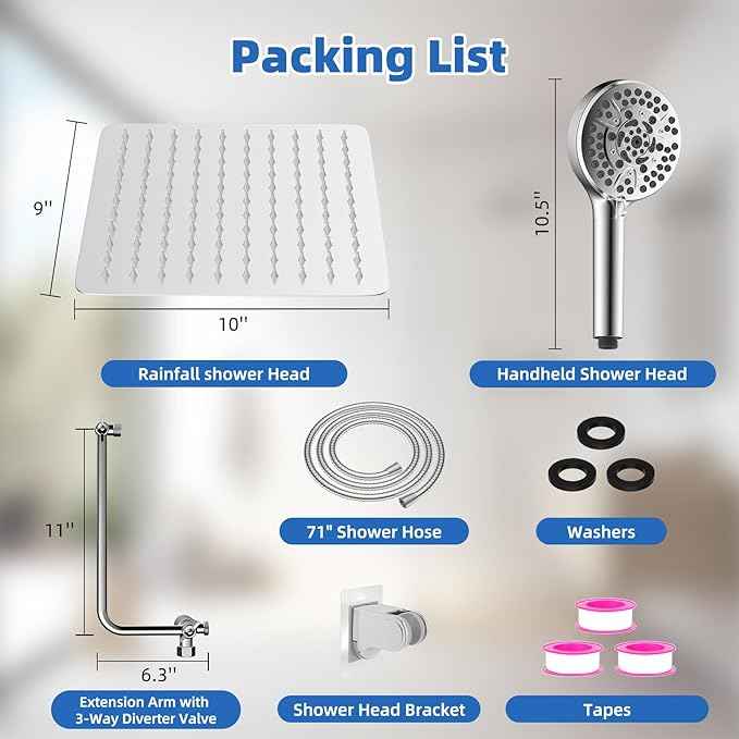 All Metal Shower Head, 10" High Pressure Rainfall/Handheld Shower Combo with 11" Extension Arm, 10-Spray Handheld Showerhead, 71" Long Hose, 3-Way Diverter Valve, Chrome