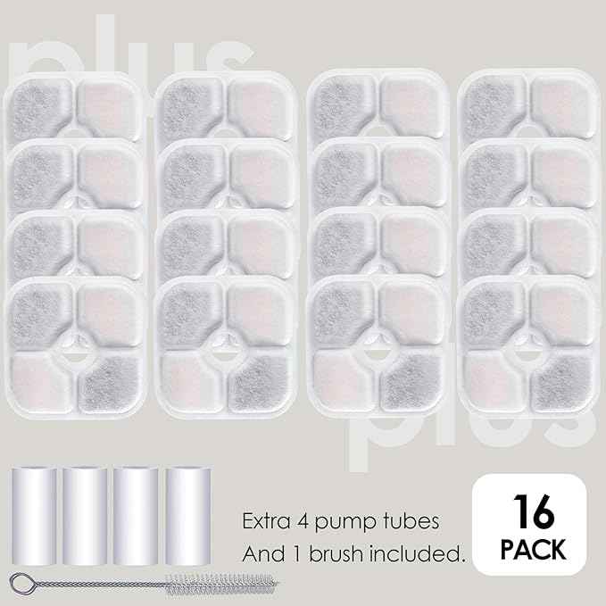 16-Pack Cat Water Fountain Filter Compatible With Catit Pixi Water Fountain Filter Replacement Triple Action Water Filter, 4 Pump Tubes 1 Hard Brush