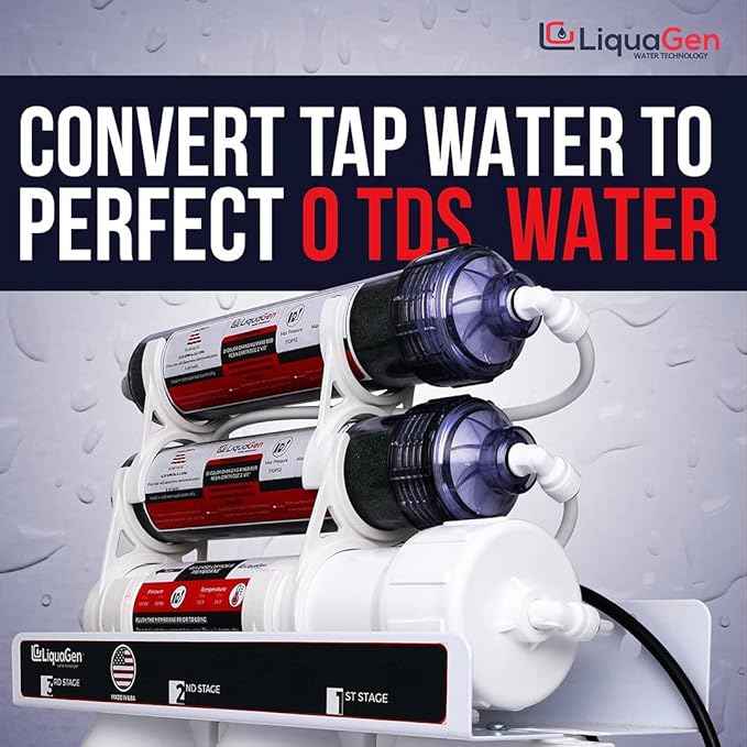 LiquaGen - 6 Stage Reverse Osmosis + Deionization (RO/DI) Water Filter System w/Glycerin Filled Pressure Gauge - 100 GPD | Under Sink Water Filter Machine for Aquarium Water Purification