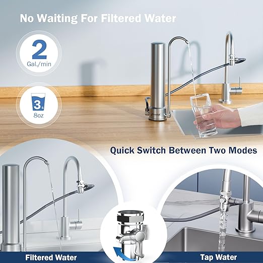 Frizzlife Water Filter for Sink Faucet, NSF 42&372 Certified 5-Stage Stainless Steel Countertop Water Filter System Reduces 99.99% Lead, Chlorine, Heavy Metals, 16000 Gallons (2 Filters)