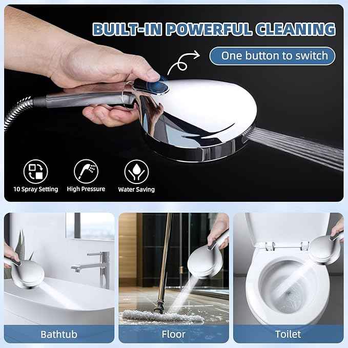 All Metal Rain Shower Head, 8” High Pressure Rainfall Shower Head with Handheld Showerhead, 5" Large Panel Handheld Spray Powerful Clean 10 Modes, 16" Stainless Steel Adjustable Extension Arm, Chrome