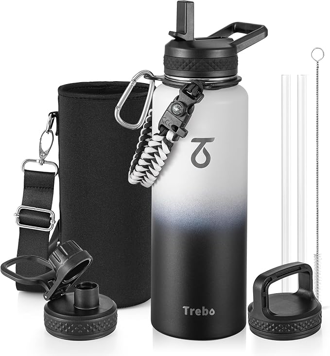 Trebo Water Bottle 40oz with Paracord Handle, Half Gallon Large Vacuum Double Wall Stainless Steel Insulated Water Jug with Holder Strap Straw Spout Lids, Leakproof Keep Cold & Hot,Black and white