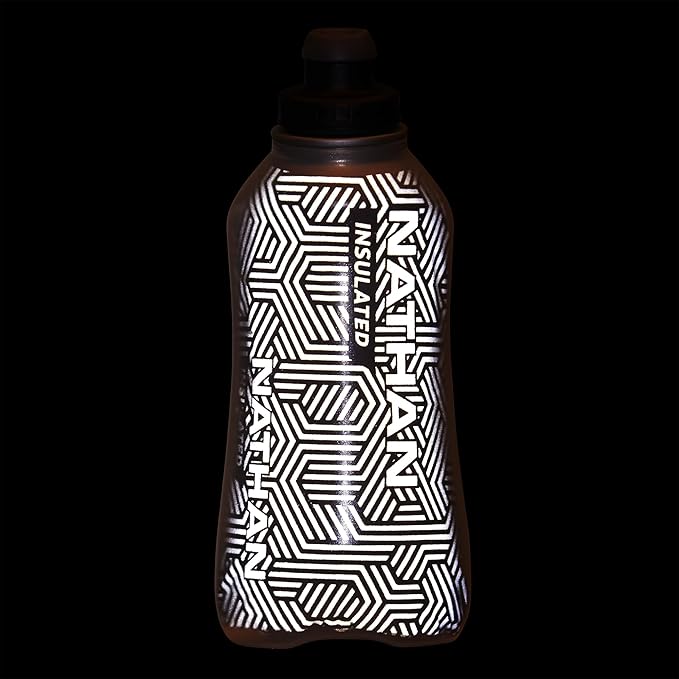 Nathan SpeedDraw 2 Insulated Handheld Running Water Bottle Flask – Double-Wall Insulation, Ergonomic Grip, Blast Valve Cap, Phone & Key Storage Pockets, Reflective Design - 18oz Insulated - Black