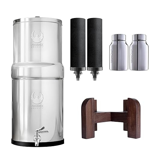 PHOENIX GRAVITY - 3.25 Gallons NSF Certified AISI 304 Stainless Steel Water Filter with 2 Smart Carbon (Black) Filters, 2 POSTreat Steel Fluoride Removal Elements, Free Water Spigot & Teak Wood Stand