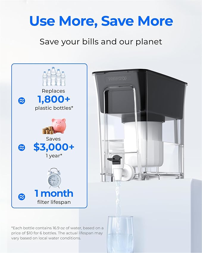 Waterdrop 35-Cup 0 TDS Slim Water Filter Dispenser, Large Capacity, Reduces TDS, Chlorine, PFOA/PFOS and More, BPA Free, Black (with 1 Filter)