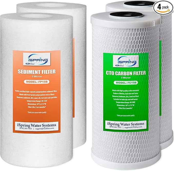iSpring F4WGB21B Whole House Water Filtration High Capacity Sediment and CTO Carbon Block Water Filter Replacement Cartridge Pack Set for WGB21B, 4.5"x10"