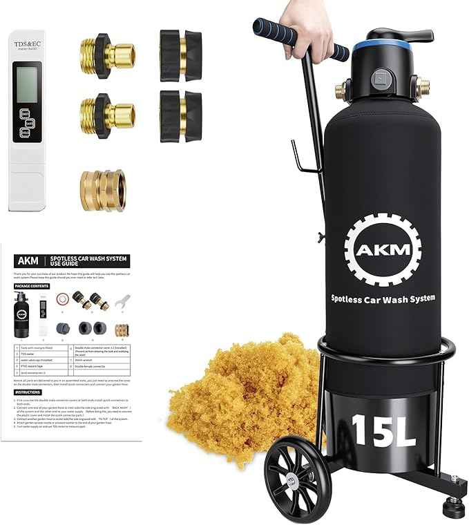 AKM Spotless Water System for car wash,Pre-Filled with 15L DI Resin, with Bypass, DI Water System,Garden Hose Quick Connector, Deionized Water System for RV, Vehicles, Bikes, Boats, No Spots