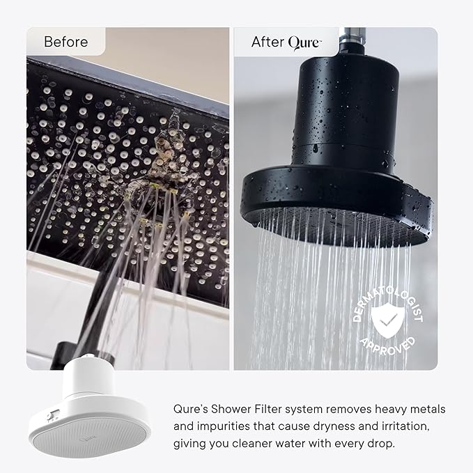 Qure Shower Filter Head for Hard Water, healthier Hair, Skin & Nails, Reduces 99% Chlorine, High Pressure Showerhead, Improve your Beauty and Skincare Routine, Dermatologist-approved - Black