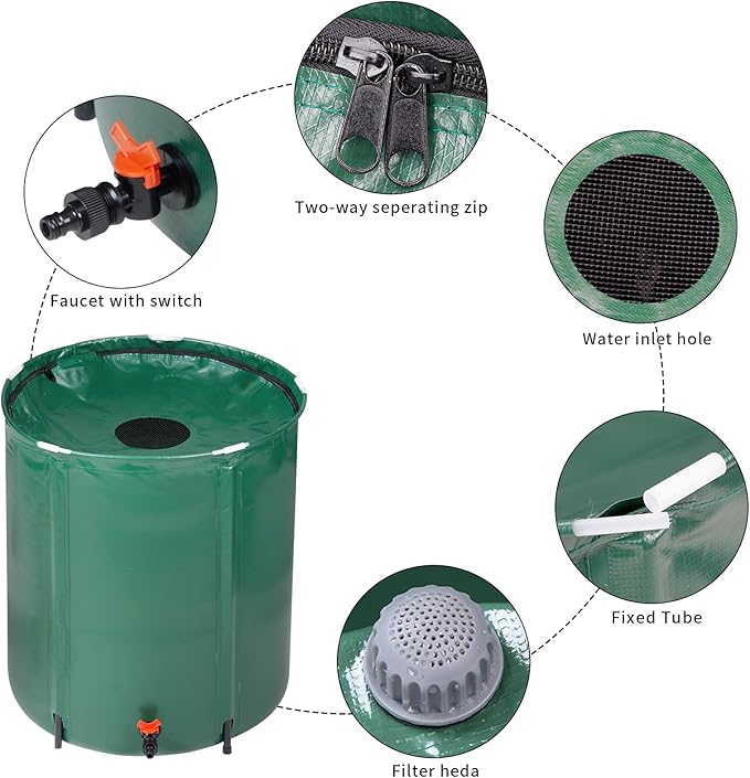 50 Gallon Collapsible Rain Barrel, Portable Water Storage Tank, Foldable Rainwater Collect System Downspout, Water Catcher Container with Filter, Spigots Overflow Kit (Green,50 Gallon)