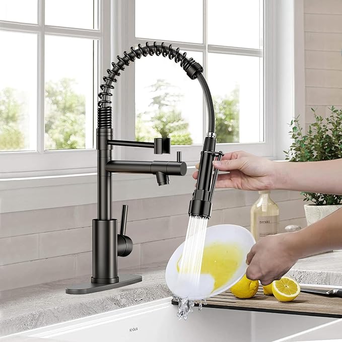 Commercial Pull-Down Kitchen Sink Faucet - Single Handle, Dual Spout, Stainless Steel, with Countertop & Sprayer (Black-03)