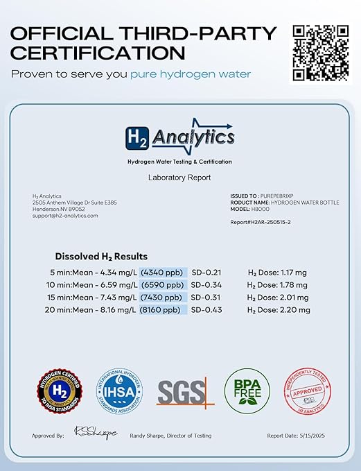 Hydrogen Water Bottle Generator-Up to 8100 PPB Molecular Hydrogen, 12-Hour Hydrogen Retention, IHSA Certified SPE/PEM Tech, Portable Hydrogen Bottle, Healthy Gift (Black)