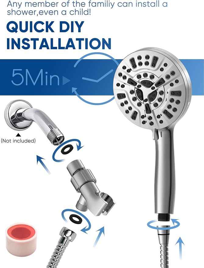 Pavezo® High Pressure Shower Head Handheld 5" Large, Extra Long 60" SS Hose 10-mode Portable Detachable Shower Head with Hard Water Filter for Bathroom, Anti-clog & Powerful to Clean Tile & Pets
