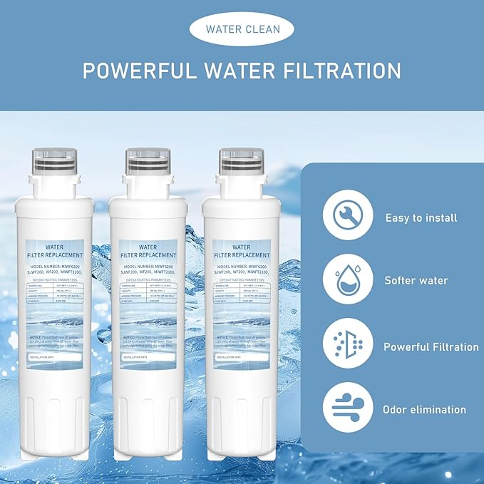 MIWF6200 Twist-in Water Filter Cartridge, Compatible with Midea MRS26D5AST, MF-2008-R2, Sharp SJWF200, SJG2254FS, Thor Kitchen WF200, Zline MIWFT2100, RFM-W-36 Models, 200 Gallon, 3 Pack