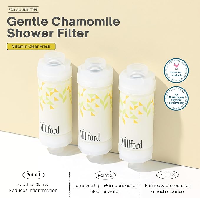 Vitamin C Shower Filter - Korean Purifier for Hard Water, Removes 99% Chlorine & Impurities, Natural Shower Infuser Detox, Deep Cleansing for Skin & Hair Hydration Boost (Chamomile Scent)