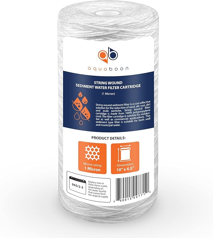 Aquaboon 1 Micron String Wound Water Filter 10x4.5 Replacement - Whole House Water Filter Cartridge Compatible with WP5BB97P,WP10BB97P, AP810, 20-Pack