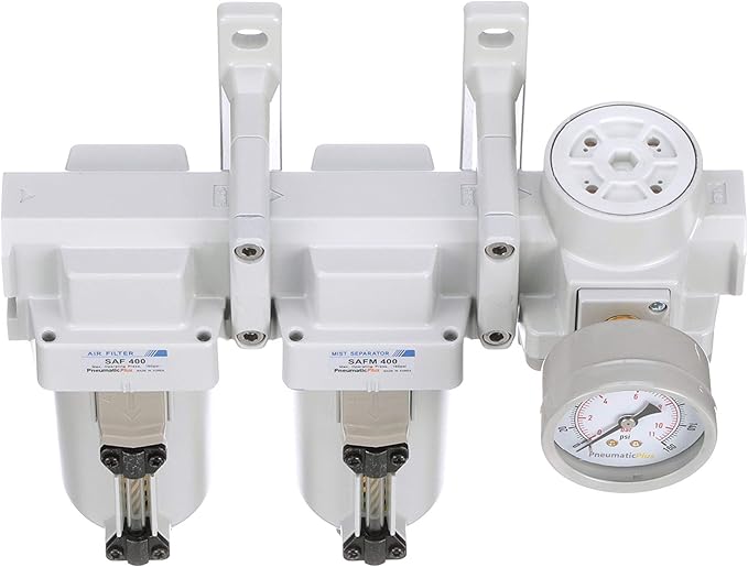 PneumaticPlus SAU430-N04G-MEP 3 Stage Compressed Air Filter Dryer System - Particulate Air Filter, Coalescing Air Filter, Compressed Air Pressure Regulator Combo, 1/2" NPT - Metal Bowl, Manual Drain - AquaVibe