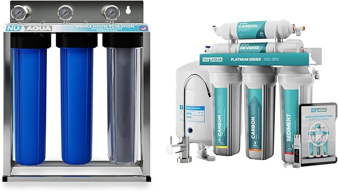 NU Aqua 5-Stage Under Sink Reverse Osmosis Water Filter System + 3-Stage Whole House Water Filtration System - RO Filtration - Faucet & Tank