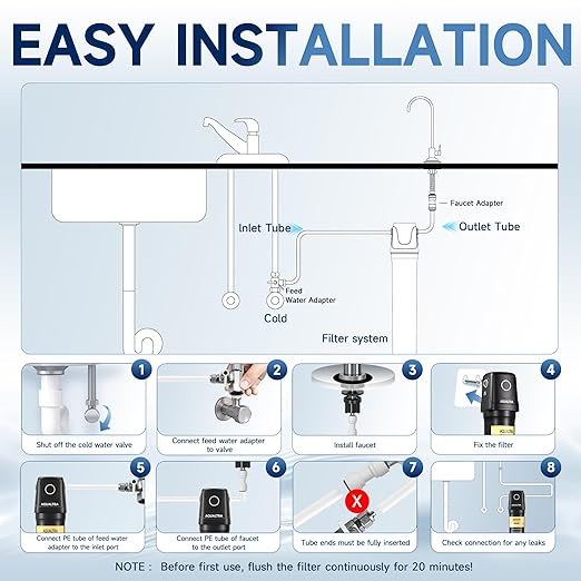 AQUALTRA USF02-BKF Under Sink Water Filter System, 20K Gallons with Faucet, NSF/ANSI 372/CAN Certified, 0.5 μm Filter Reduces PFOA/PFOS, Chlorine, Lead, Chloramine, Fluoride, Bad Taste & Odor