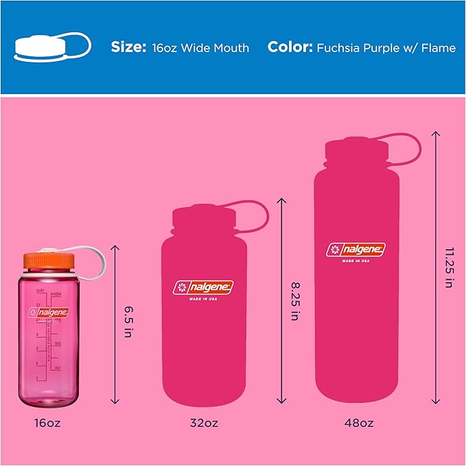 Nalgene 16 oz Wide Mouth Water Bottle | BPA-Free, Durable & Leak Proof, Lightweight, Fits In Cupholders – Thrill & Motion, Fuchsia Purple w/Flame