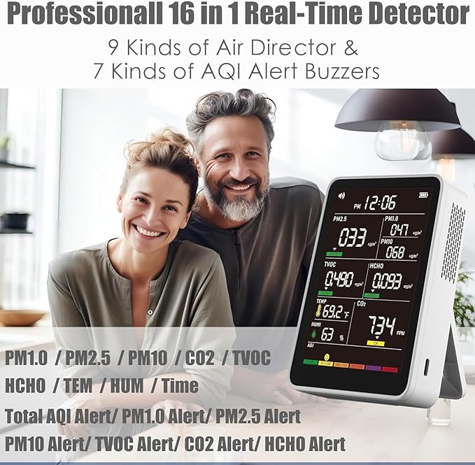 Professional Indoor Air Quality Monitor with AQI Beep Alarms, Portable Real-Time Detector for Home Cars Plants and Pets (Cream White)