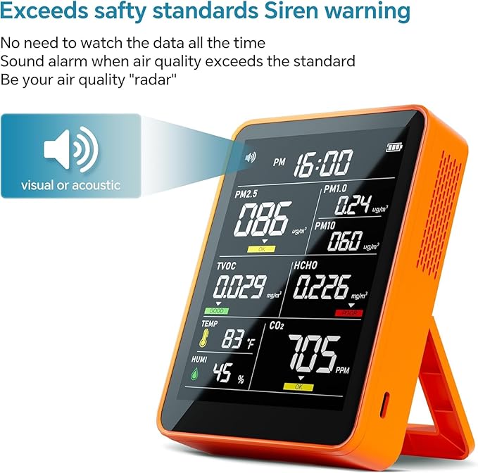 9-in-1 Professional Indoor Air Quality Monitor Portable PM2.5/PM10/CO2, Temperature, Formaldehyde Detector, Humidity TVOC,Time Display Air Quality Tester - Confined Space Clean Air Monitor-Persimmon