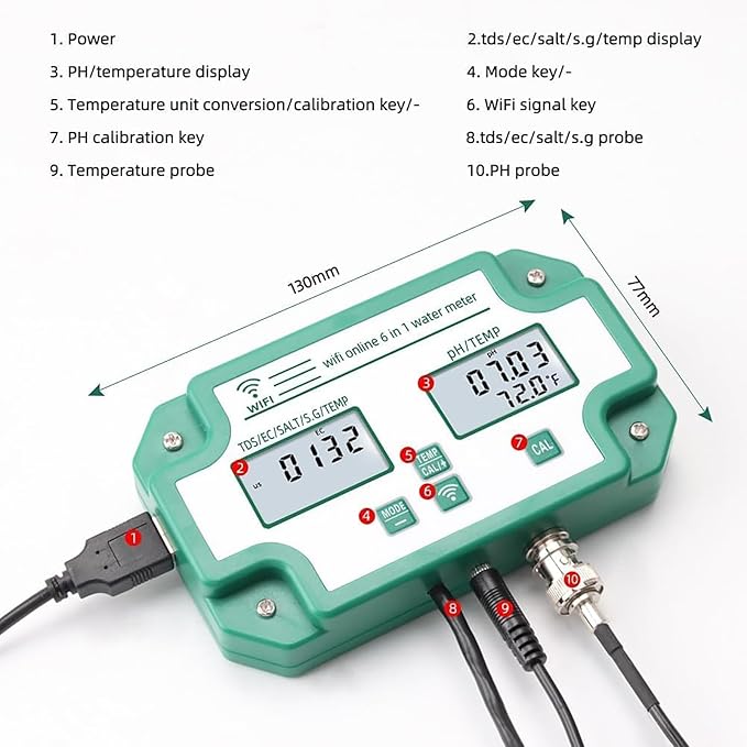 6 in 1Water Quality Tester, Smart Water Quality Monitor, PH EC TDS(PPM) Salt S.G Temperature Test Meter with App Control, Multi Parameter Water Monitor, for Swimming Pools, Household Drinking Water