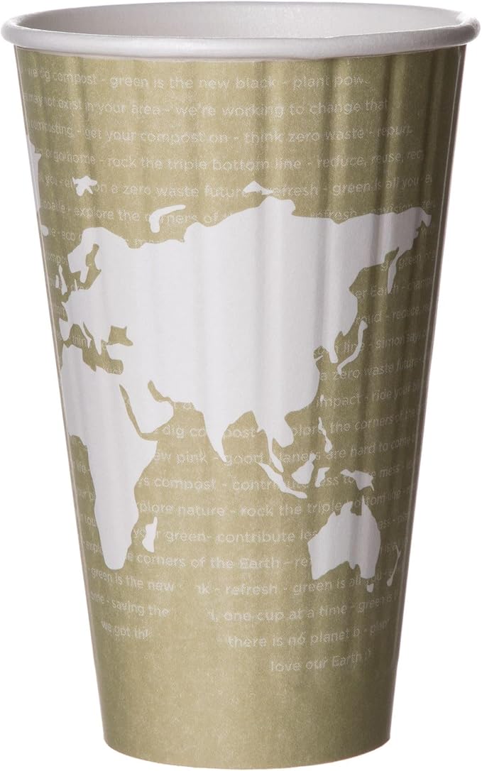 ECO PRODUCTS Compostable Disposable Insulated World Art 16oz Large Coffee Cups, Case of 600, Renewable Double-wall Hot Paper Cup, Plant Based PLA Lining, No Sleeves Needed, Color Coded