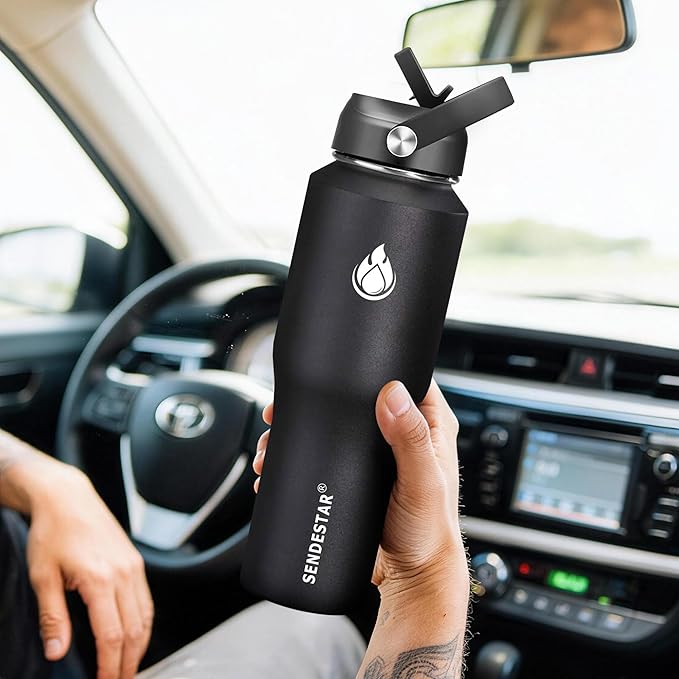 SENDESTAR Water Bottle 32oz,Wide Mouth Stainless Steel Vacuum Insulated Double Wall Keep Liquids Cold or Hot All Day,Sweat Proof Sport Design,Fit Car Cup Holder,2 Lids(Straw and Spout lid)(Black)
