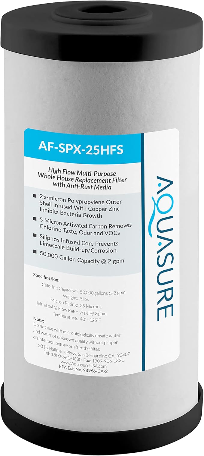 Aquasure Fortitude V2 Series AF-SPX-25HFS Sediment/Carbon/Siliphos Anti-Rust Media, Bacteria & Scale Inhibitor, Triple Purpose Whole House Replacement Filter Cartridge For AS-FS-25SPX, Standard Size