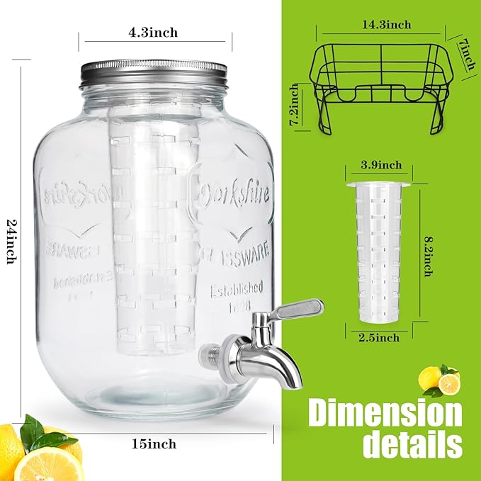 1 Gallon Glass Drink Dispensers For Parties 2PACK.Beverage Dispenser，Drink Dispenser With Stand And Stainless Steel Spigot 100% Leakproof.Glass Drink Dispenser With Ice Cylinder. Lemonade