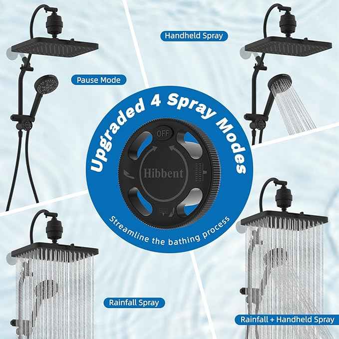 Hibbent 5-spray Dual Filtered Rainfall Shower Head Combo, High Pressure 13'' Showerhead with 10 Spray Mode Handheld, Easy Reach 4-way Diverter Shower Arm with Pause Mode, 71'' Hose and Holder, Black