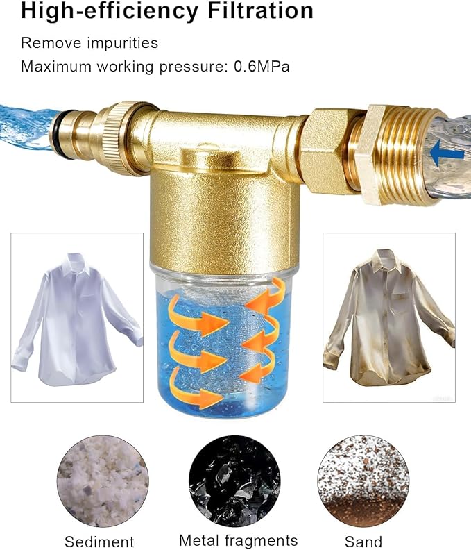 40 Micron Brass Sediment Filter, Inline Spin Down Sediment Water Filter for Washing Machine Heater Camping RV Garden, Reusable Garden Hose Filter with Pipe Sealant Tape, Anti Scale and Clogging