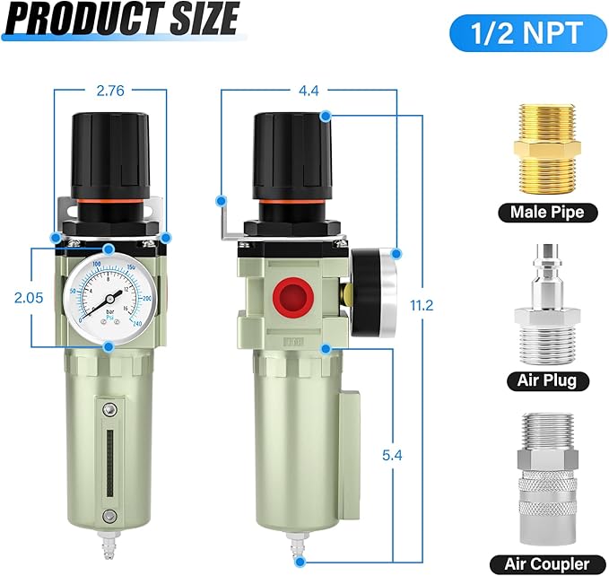 1/2" NPT Heavy Duty Industrial Grade Air Compressor Moisture Filter, Manual Drain, Particulate Filter and Air Regulator For Plasma Cutter and Paint Spray - AquaVibe