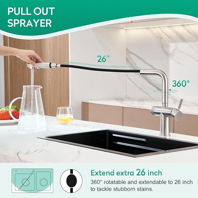 CREA 3 Way Kitchen Faucet with Pull Down Sprayer & Water Filter Built-in,Drinking Water Faucet Spout for Bar Sink Purifier Water Filter,Single Hole 2 Handles Brushed Nickel Stainless Steel