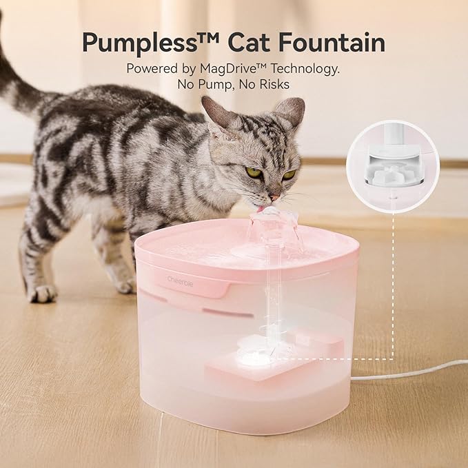 Cheerble Pumpless Cat Water Fountain, 2L/67oz Automatic Pet Fountain, Elfin E1 Lite Cat Fountain for Drinking, MagDrive™ Technology, Continuous Flow Mode, BPA-Free (Pink, E1 Lite)