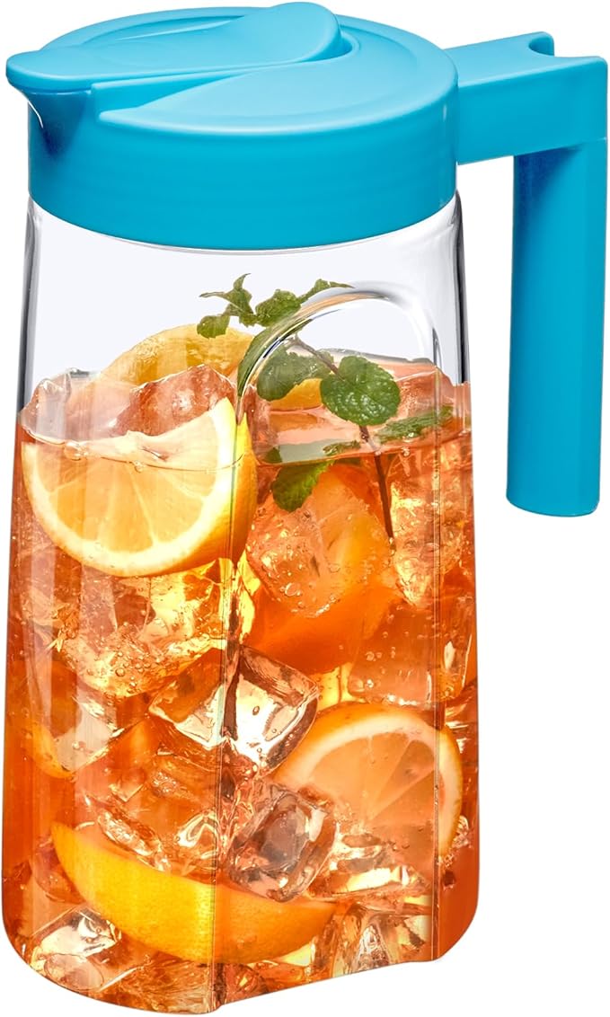 Amazing Abby - Slim Mini - Tritan Pitcher (48 oz), Unbreakable Plastic Water Pitcher with Lid, BPA-Free, Heat-Resistant, Dishwasher-Safe, Great for Iced and Hot Drinks, Indoors and Outdoors, Blue