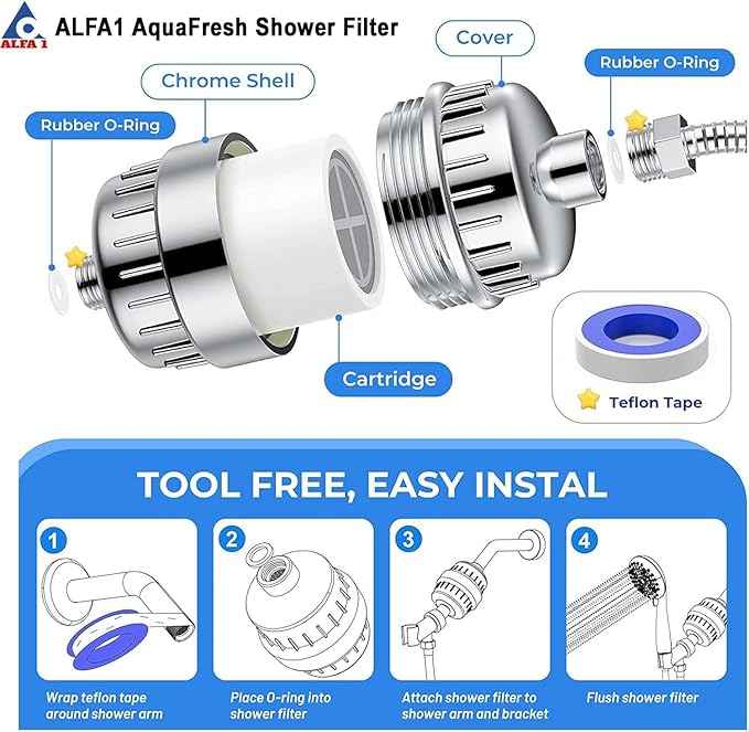 ALFA1 AquaFresh Shower Filter with 15-Stage Filtration | Tool-Free Installation | Hard Water Filter | Prevents Hair Loss | Dandruff | Skin Acne | Removes Chlorine | Universal Fit for All Showers