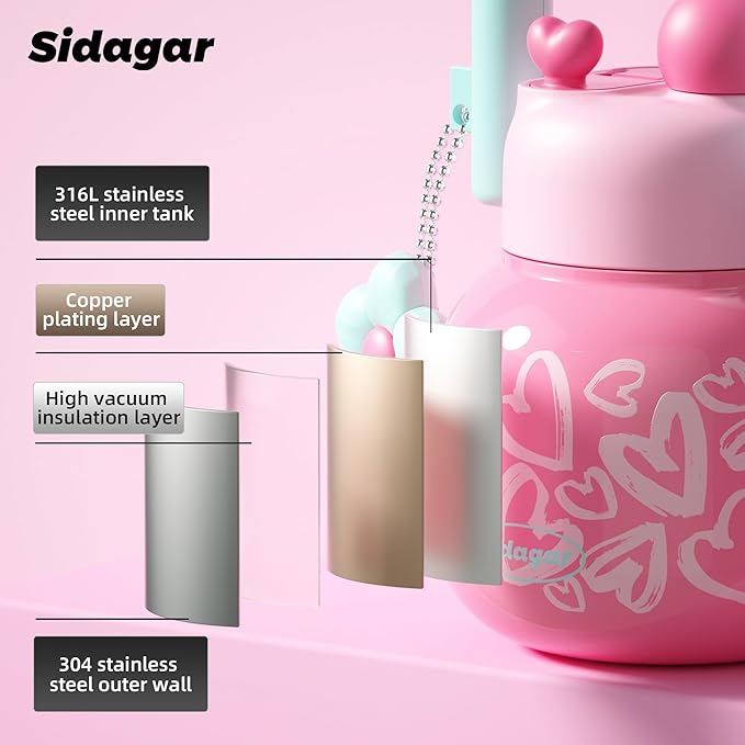 22 oz Tumbler with Straw and Carry Handle, Wide Mouth Insulated Stainless Steel Travel Water Bottle, Heart Pattern Flask for Gym & Office, Preppy Kawaii Valentines Day Gift