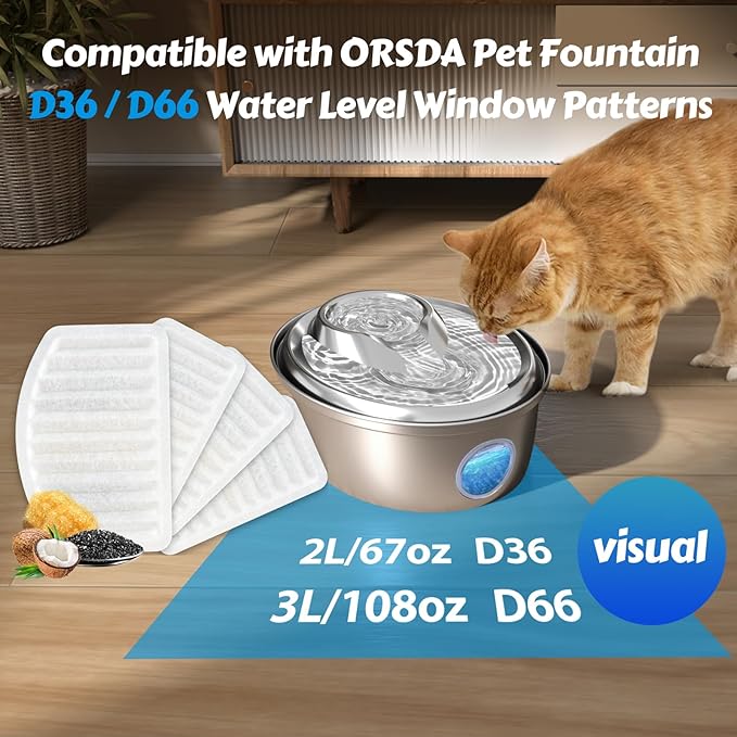ORSDA Cat Water Fountain Filters, ONLY for D36/D66 Cat Fountain with Water Level Window (4 Filters Replacement +2 Pump Sponges)