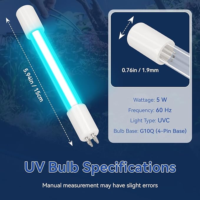 5W UV Bulb Replacement for COODIA 5W UV Aquarium Filter Pump & SUNSUN JUP-02, CUV-305, CUV-505 Filter Pump, UVC Light Bulb for Fish Tank (2 Pack)