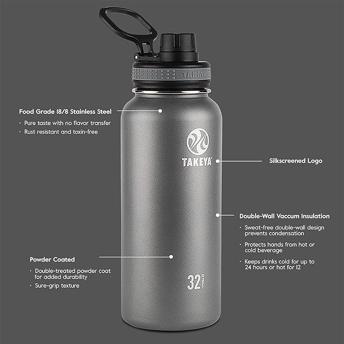 Takeya Originals Vacuum Insulated Stainless Steel Water Bottle, 18 Ounce, Black.