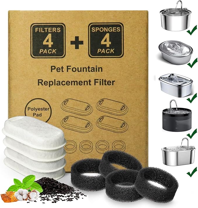 Cat Water Fountain Filter,8 Pack Cat Fountain Replacement Filters for Stainless Steel 67oz/2L Adjustable Water Flow Pet Water Fountain,Dog Water Fountain (4+4 Pack)