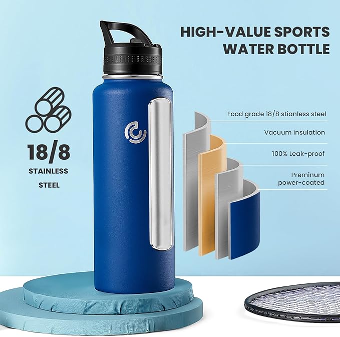 COKTIK 40oz Sports Water Bottle, Stainless Steel Water Bottle for Insulated, Reusable Travel Bottle, With Straw, With Handle Grip for Easy Carrying, Suitable for Cycling, Outdoor Vacations(Cobalt)