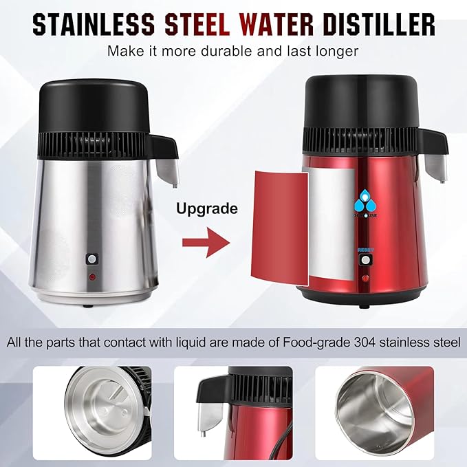 DC HOUSE Upgrade 1 Gallon Water Distiller, 4L Stainless Steel Home Countertop Drinking Pure Water Distiller Machine with On Off Switch, Glass Container