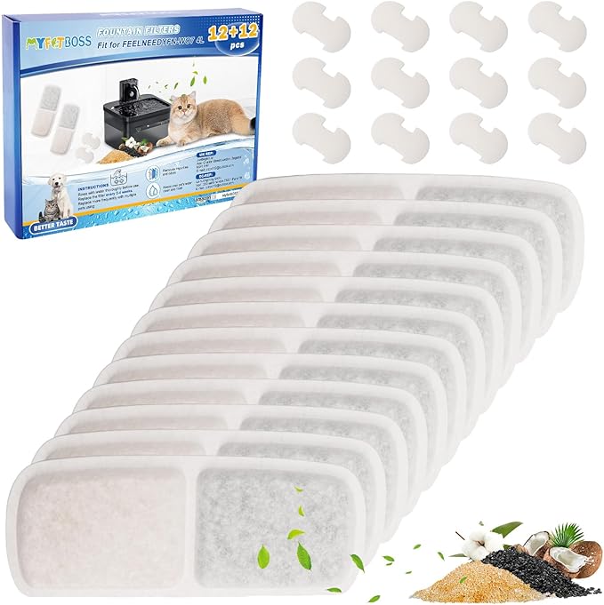 12 + 12 Pack Cat Water Fountain Filters Replacement Compatible with FEELNEEDY Cat Water Fountain FN-W07 135 fl oz/4L, Pet Water Filter Replacement, Replacement Filters and Foam Sponges