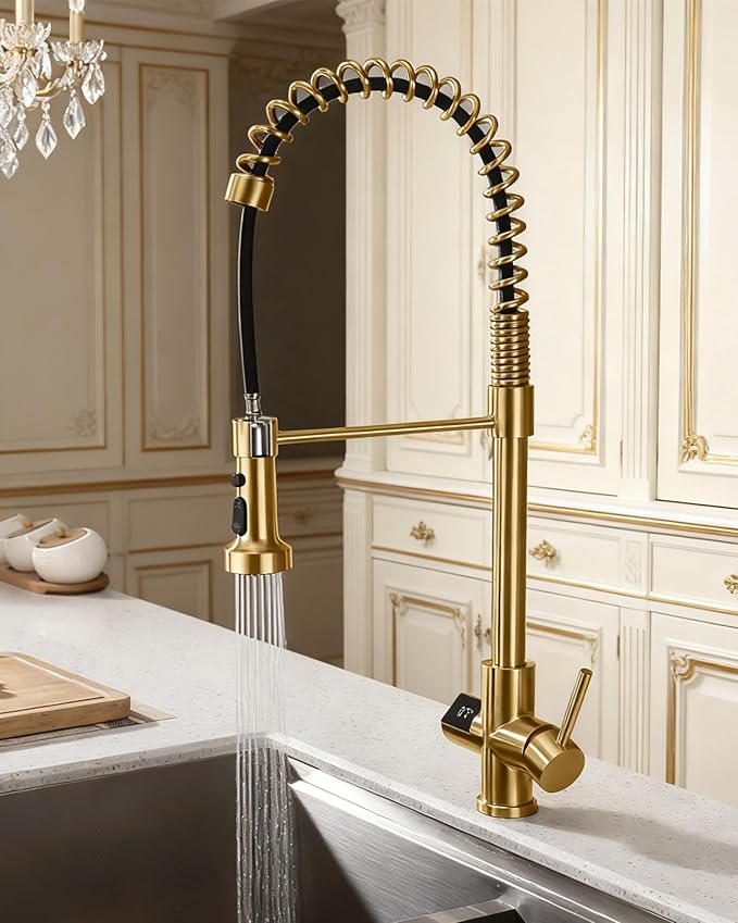 Kitchen Faucet with Temperature Digital Display, 304 Stainless Steel Kitchen Sink Faucets with Pull Down Sprayer and 3 Modes, 360 Rotatable Pull Out Kitchen Faucet, Brushed Gold
