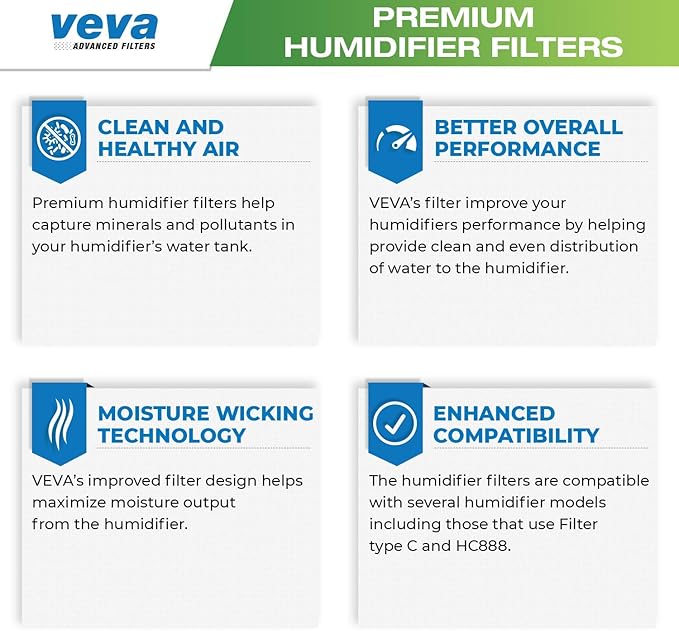 VEVA 6-Pack Premium Humidifier Filters - Replacement for HW Filter C, HC-888, HC-888N - Compatible with Cool Moisture Evaporative Humidifiers & HCM-890 Series