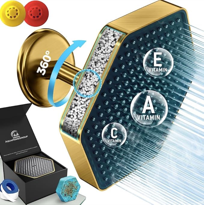 AquaHomeGroup Luxury Filtered Shower Head - High Pressure Rain Showerhead with Filter for Chlorine, Rust, Sediments - Water Filter Shower Head with Vitamin C E A - SPA Effect (Patent Pending) (Golden)