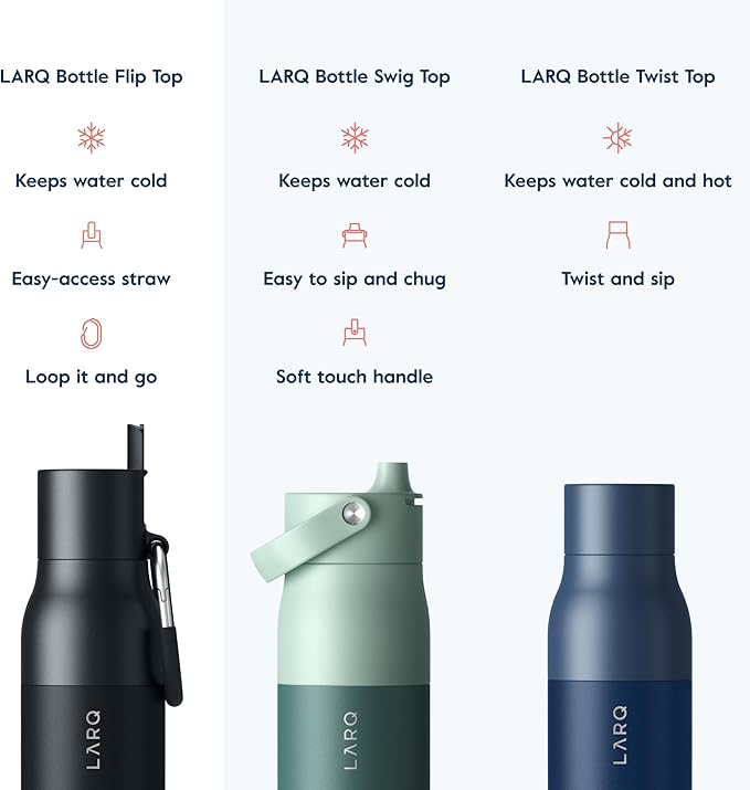 LARQ Bottle Flip Top 25 oz - Insulated Reusable Stainless Steel Water Bottle With Straw | BPA Free | For Sports, Gym, and Travel | Keep Drinks Cold for 24 Hours | Obsidian Black