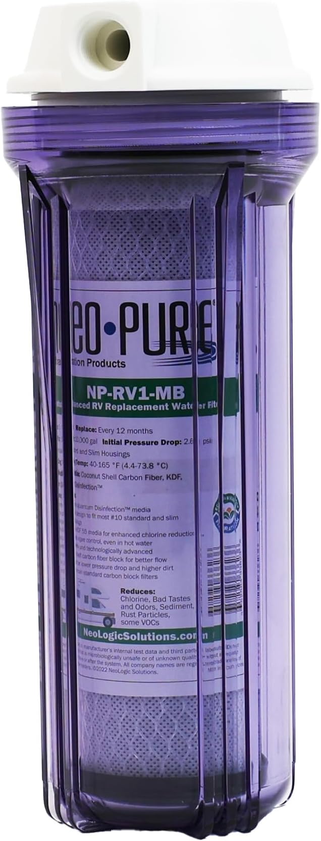 Neo-Pure 10" SlimLine Water Filter Housing with Clear Sump and Flat White Cap, 1/2" FNPT Connections, No Pressure Relief, Compatible with Standard 10" x 2.5" Cartridges (FHSL-1050FWC0)